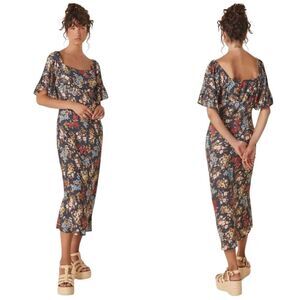 SPELL Flora Midi Dress Navy Floral Square Neck Small